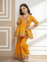 Girls' Vibrant Orange Floral Print Angrakha Kurti and Tiered Sharara Set