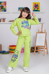 Girls' Casual Neon Lime Green Graphic Print Sweatshirt and Wide-Leg Track Pant Set