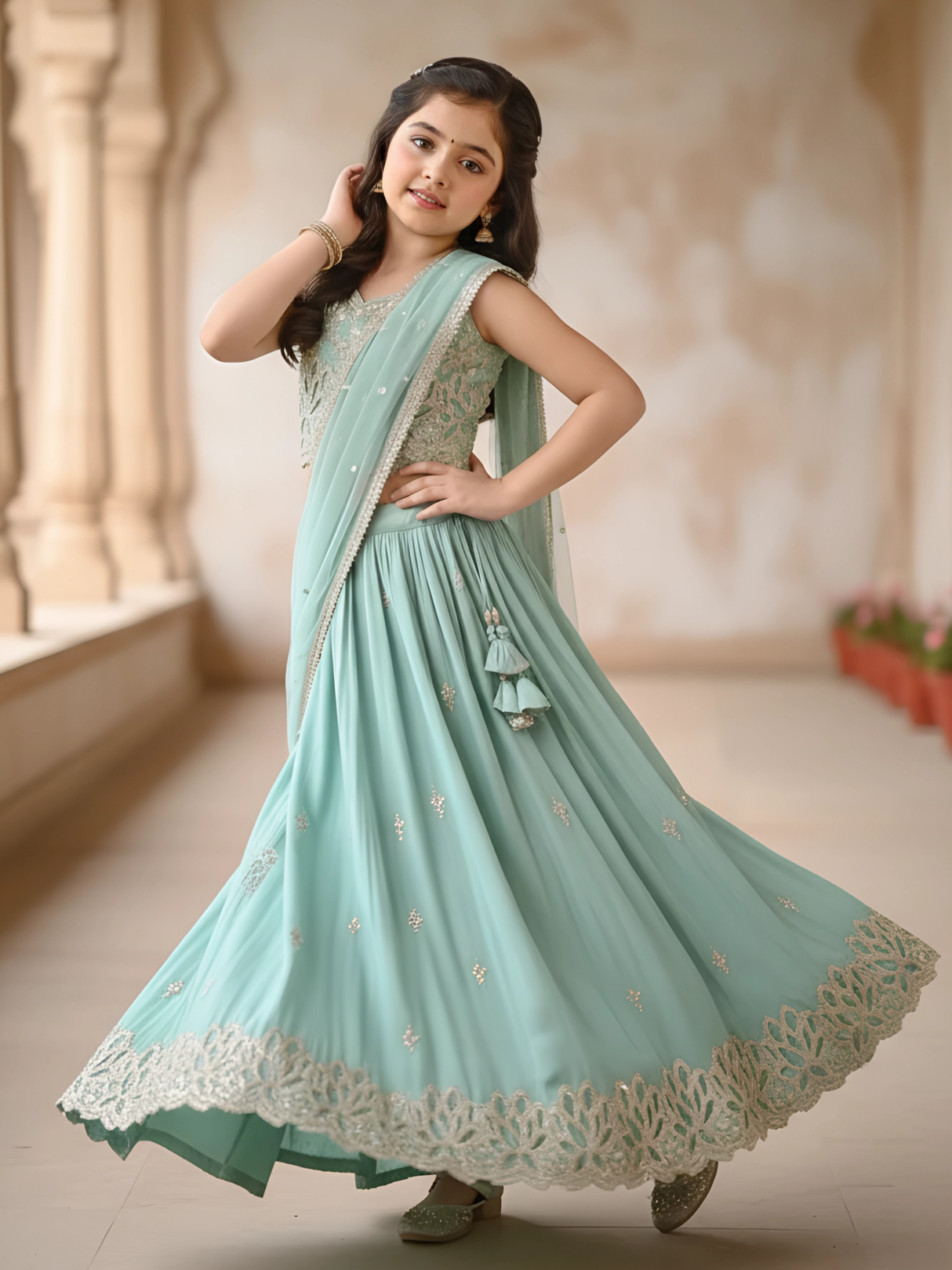 Girls' Seafoam Green Cutwork Choli Set with Scalloped Dupatta
