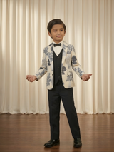 Boys' Cream & Black Botanical Print 3-Piece Suit Set.