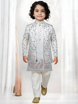 Cream Embroidered Kurta Set with Floral Jacket for Boys
