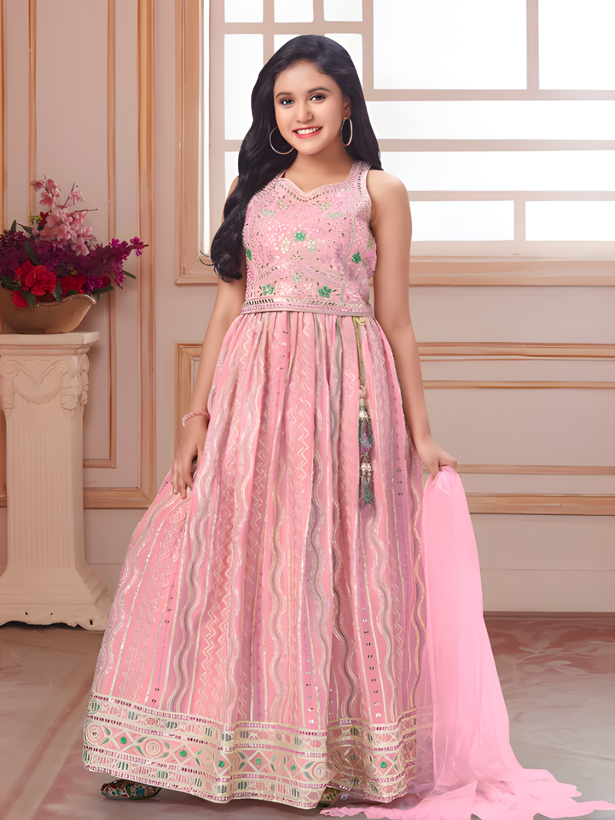 Girls Traditional Half Sleeves Long Choli - Pink