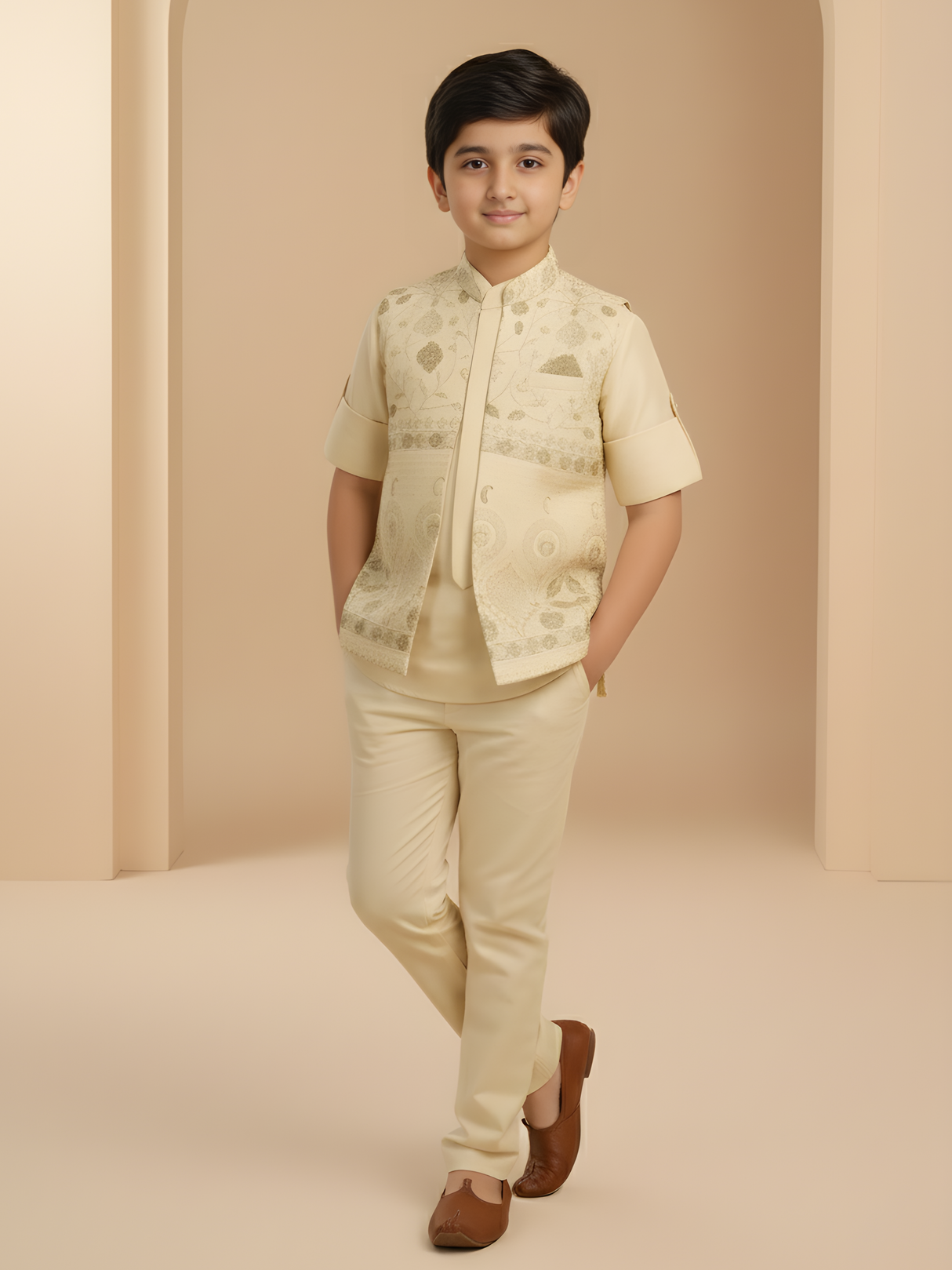 Boys Traditional Little Magic Printed Indo Western Kurta Set - Cream