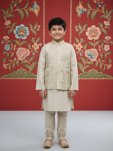 Boys' Cream Silk-Blend Kurta Pajama Jacket Set
