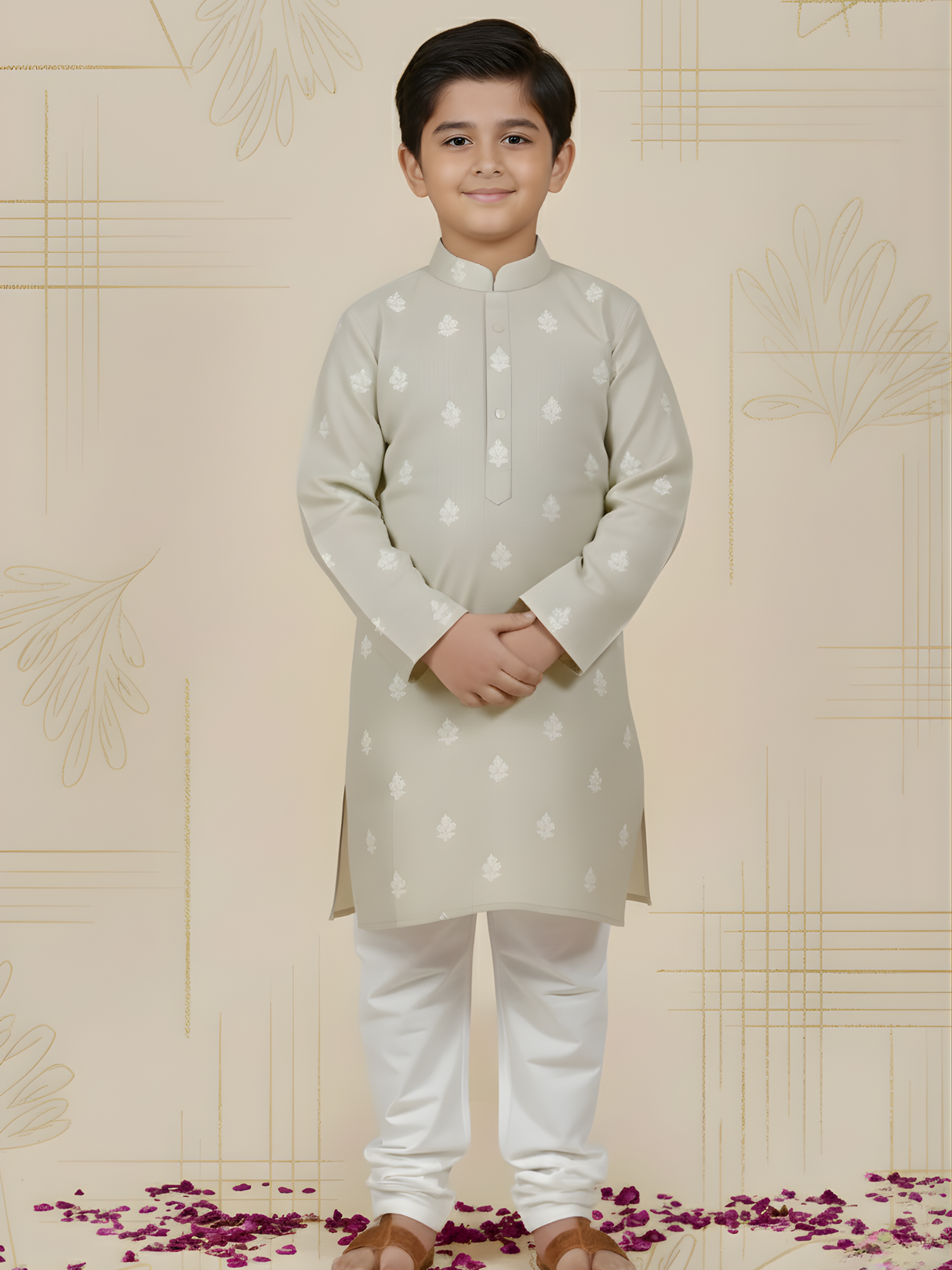 Boys' Mint Green Floral Embroidered Kurta with White Pajama Set
