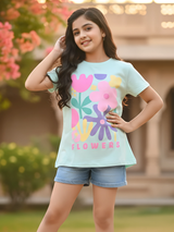 Girls' Light Blue Floral Graphic T-Shirt - "Flowers" Print