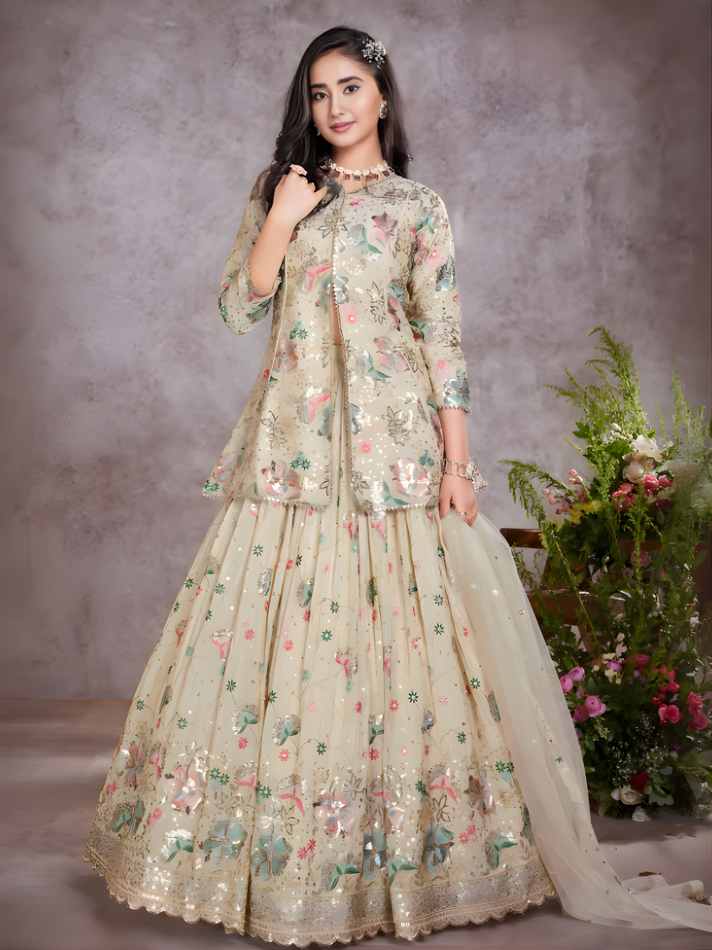 Girls' Multi-Color Rajasthani Print Crop Top Lehenga Choli Set