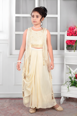 Elegant Cream Draped Set with Embroidered Shrug.