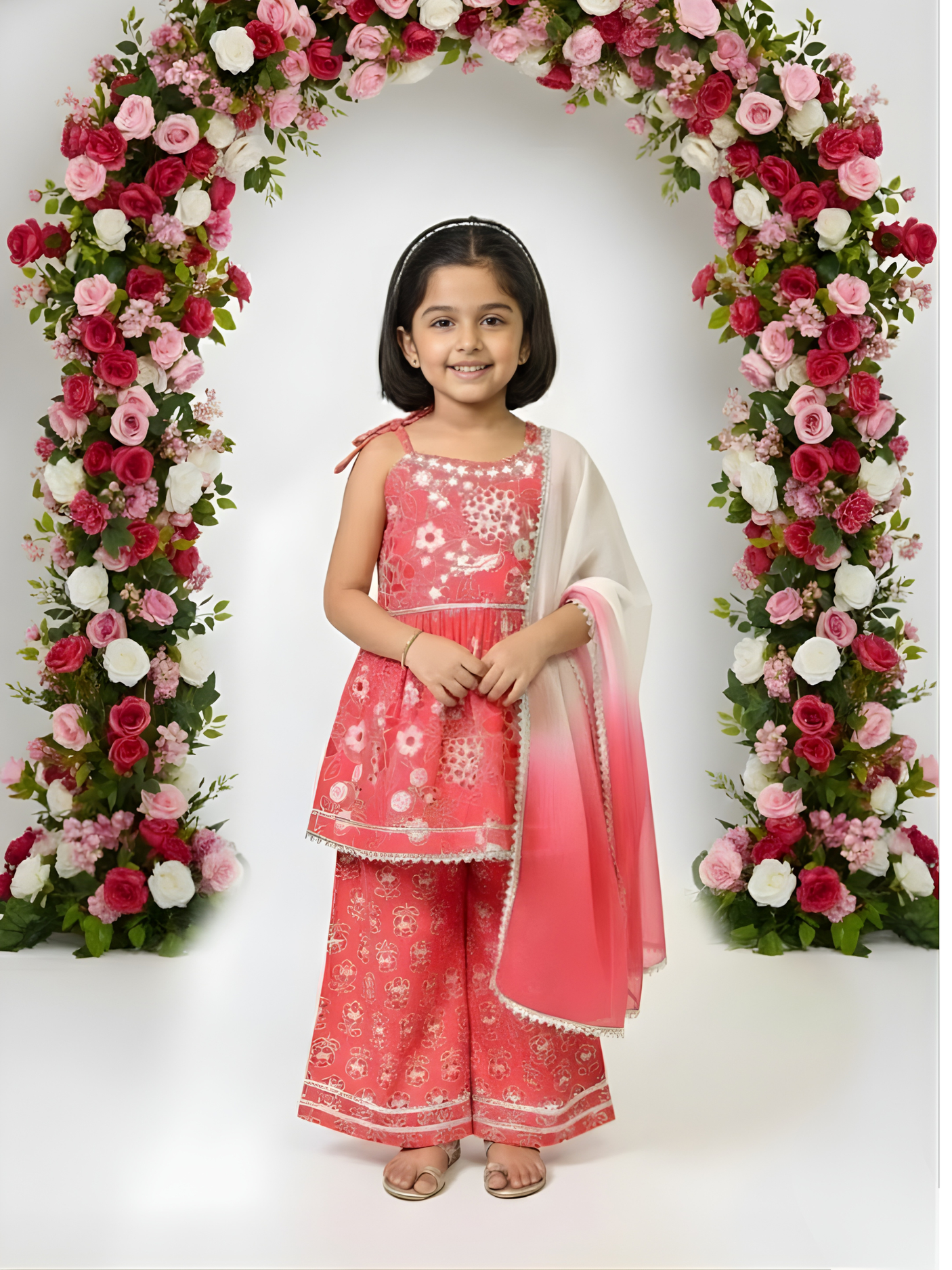 Girls' Hot Pink Sleeveless Peplum Kurti and Floral Sharara Set with Dupatta
