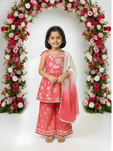 Girls' Hot Pink Sleeveless Peplum Kurti and Floral Sharara Set with Dupatta