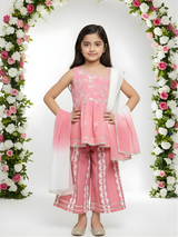 Girls' Powder Pink Embroidered Peplum Kurta & Printed Sharara Set.