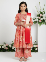 Girls' Coral Peach Floral Print Garara Suit with Tiered Kurti & Dupatta