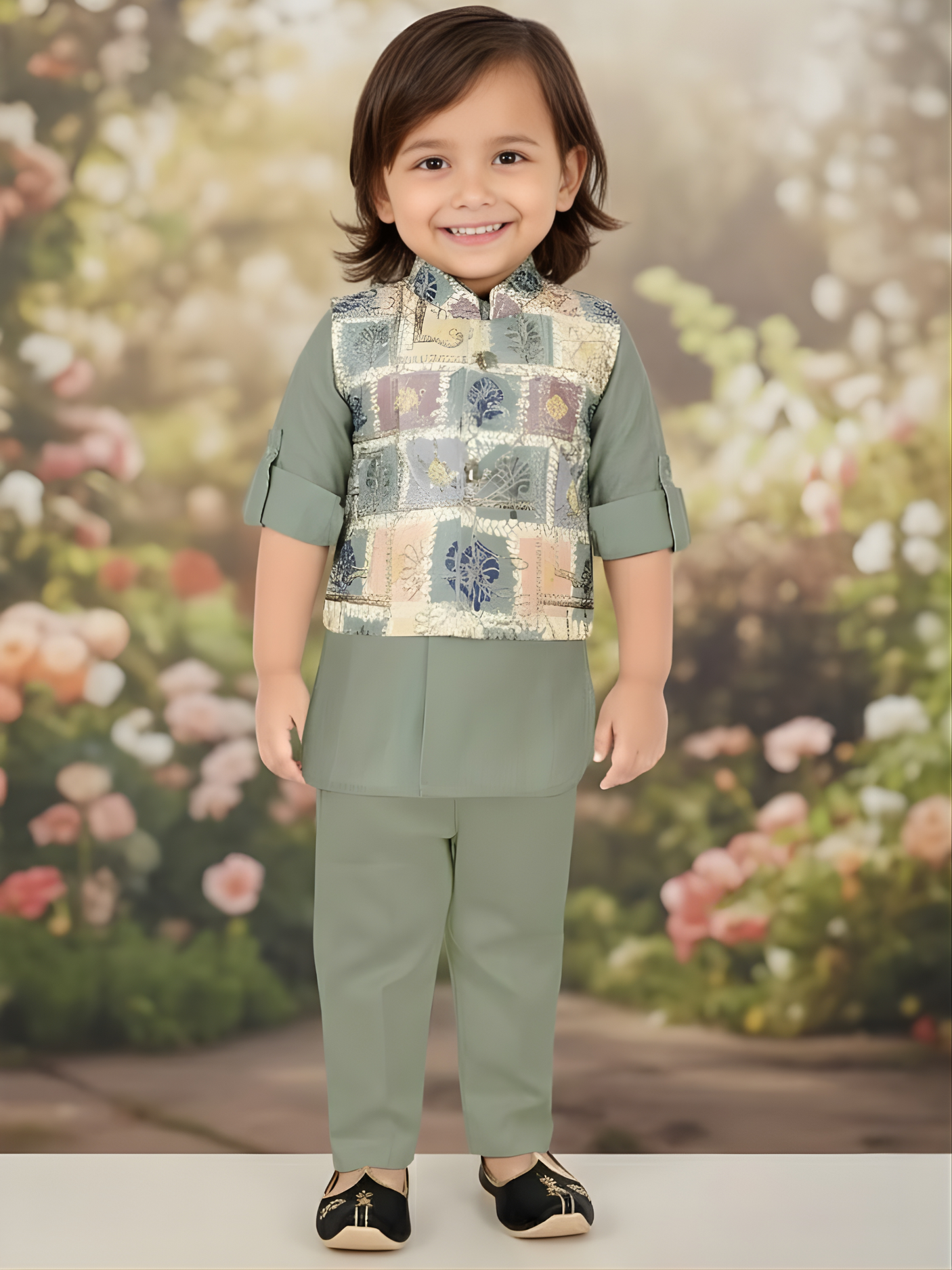 Boys' Sage Green Kurta Pajama Set with Multi-Color Patterned Waistcoat