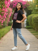 Girls’ Miu Miu Inspired Graphic T-Shirt - Black