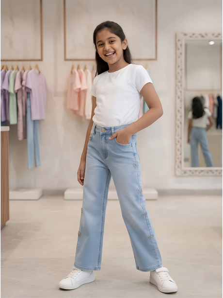 Girls Light Blue High-Rise Straight Fit Jeans with Bow Embroidery