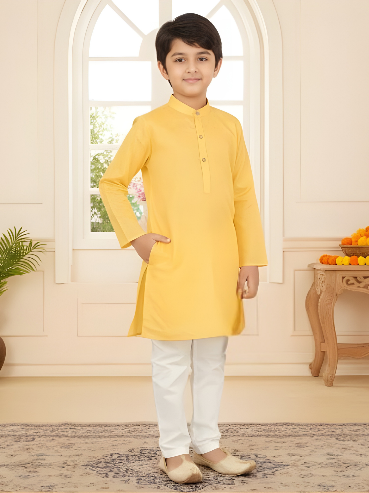 Boys Sunshine Yellow Cotton Silk Kurta Sets