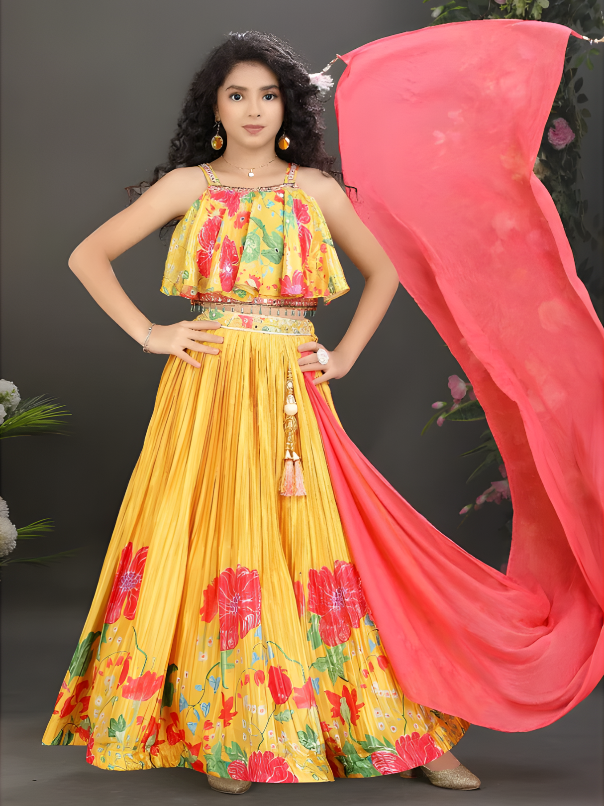 Girls' Festive Marigold Yellow Heavy Paisley Lehenga Choli