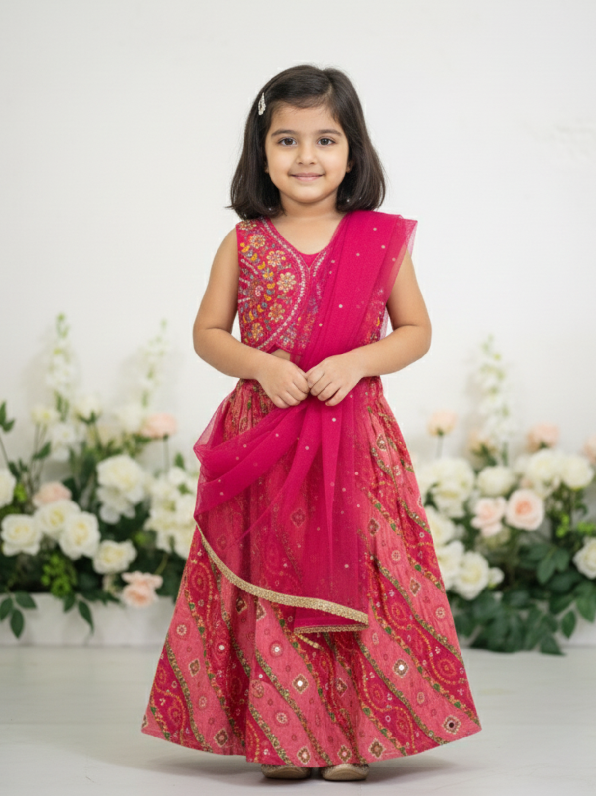 Girls' Fuchsia Pink Embroidered Kurti (Long Choli), Sharara & Dupatta Set