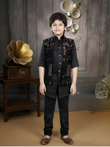 Boys' Formal Black Kurta Set with Velvet-Style Embroidered Waistcoat (3-Piece)
