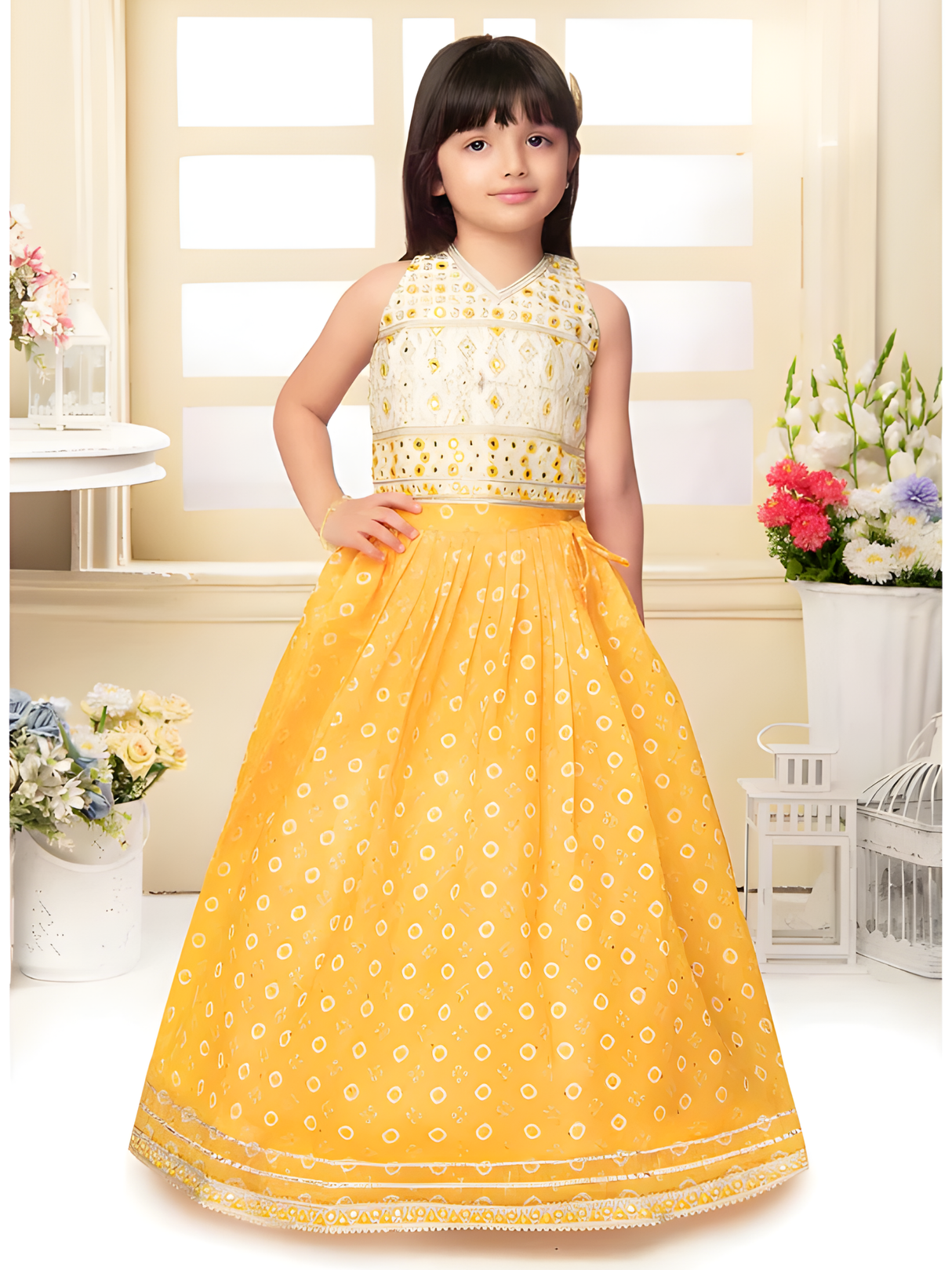 Girls' Bright Yellow Floral Lehenga Set with One-Shoulder Choli