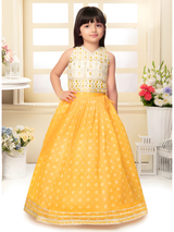 Girls' Bright Yellow Floral Lehenga Set with One-Shoulder Choli