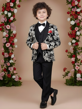 Boys' Black and Cream Floral Print Tuxedo Jacket with Waistcoat and Trousers Set