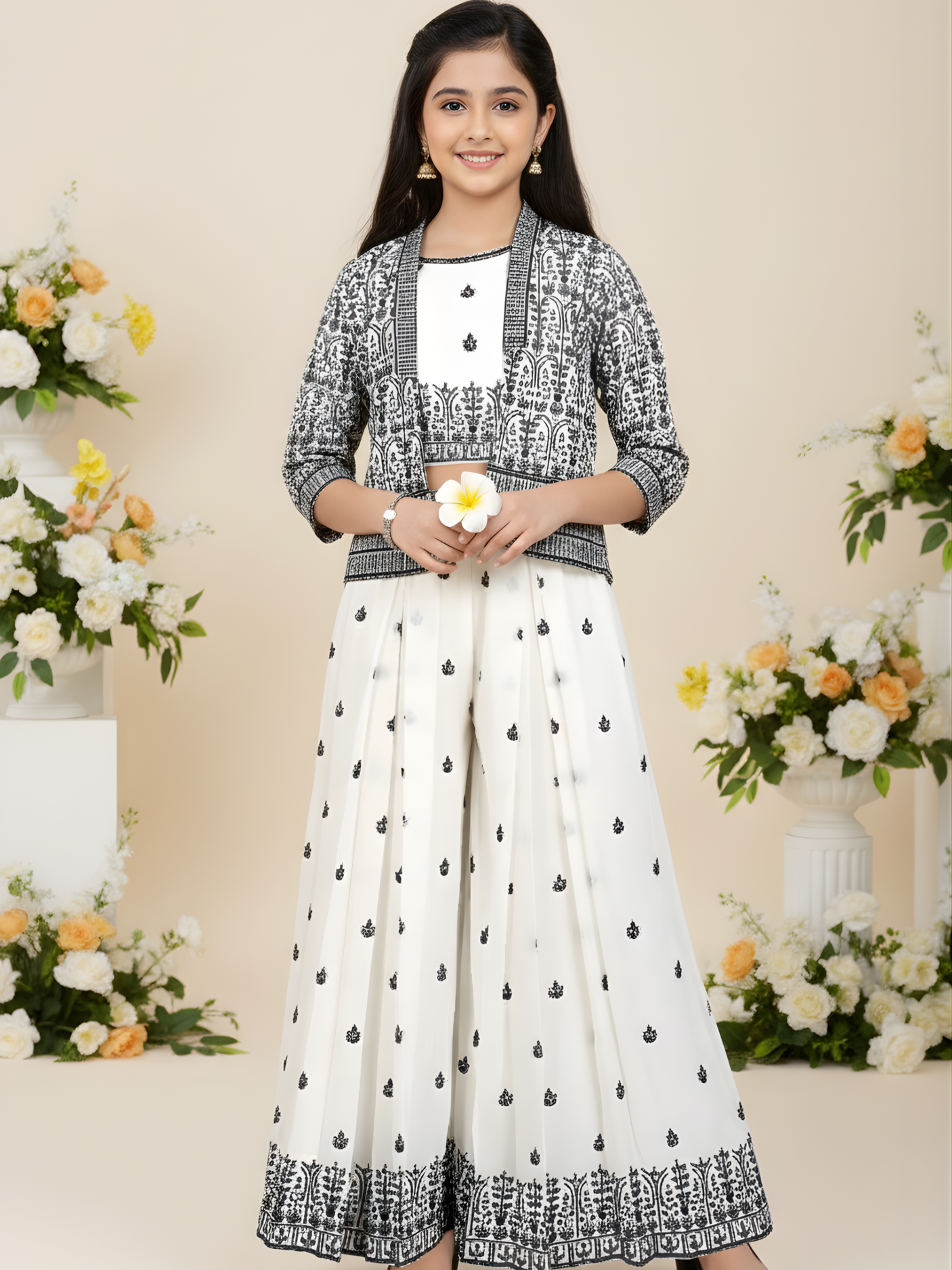 Girls' Elegant Cream & Gold Sharara Suit with Intricate Embroidery and Floral Shawl