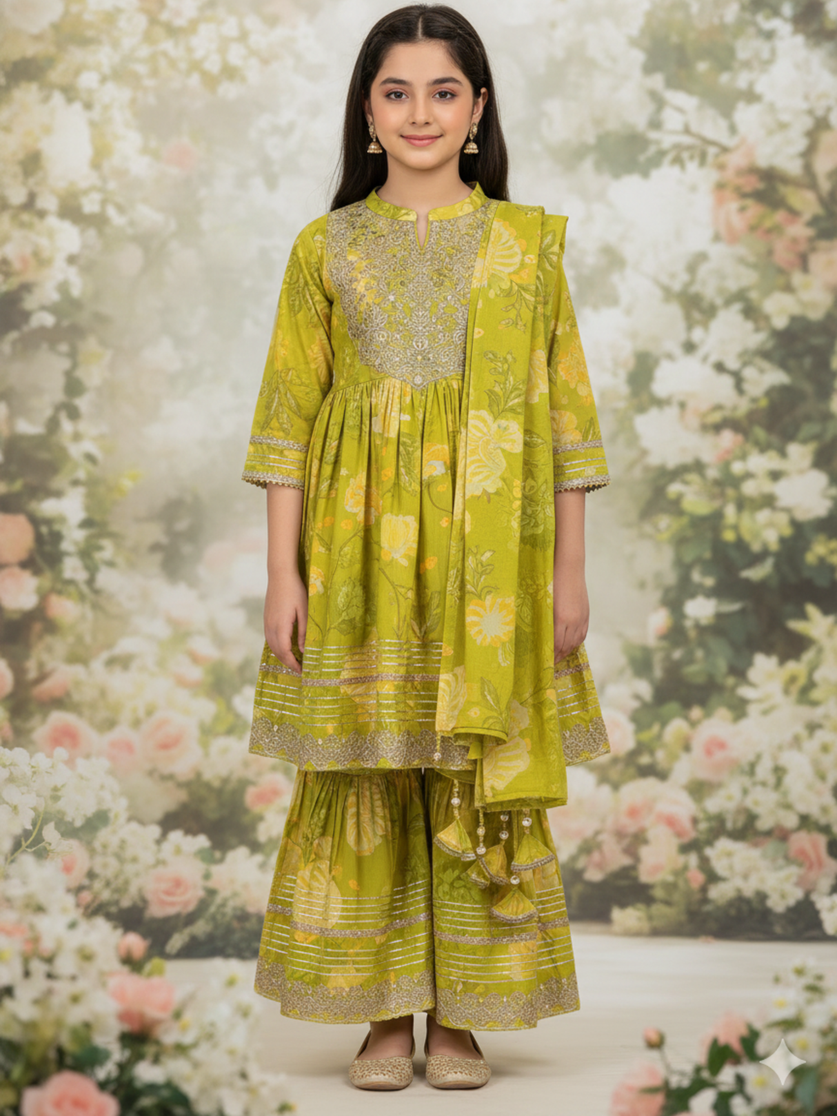 Girls' Lime Green Floral Print Kurta & Sharara Set with Tassels.