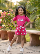 Girls Rani Pink Cotton Floral Print T-Shirt and Shorts Coordinate Set