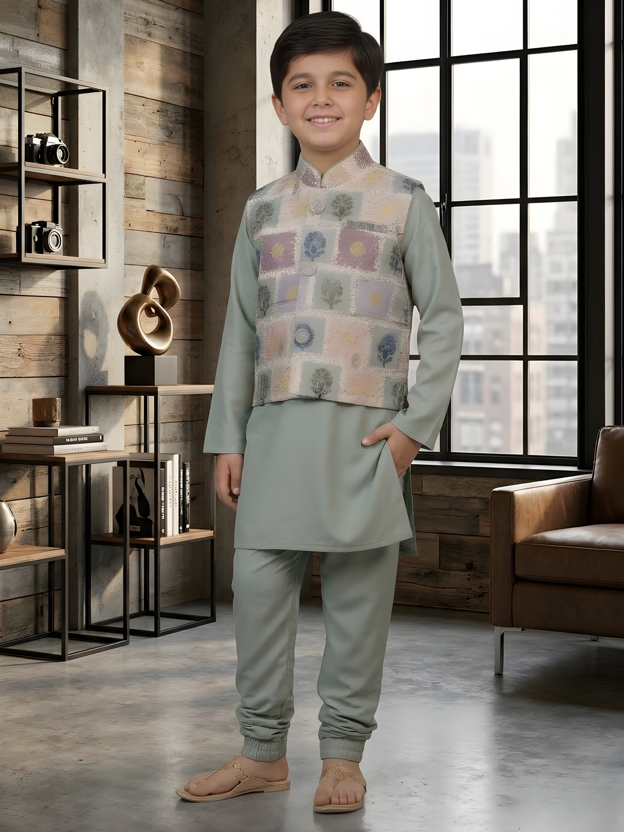 Boys' Sage Green Kurta Set with Multi-Color Patterned Nehru Jacket