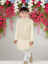 Boys' Cream Kurta Pajama Set with Multi-Color Embroidered Waistcoat