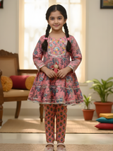 Girls' Deep Peach & Blue Floral Printed Peplum Kurti with Matching Trousers