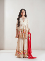 The Royal Blossom Embroidered Peplum Garara Set (Cream/Fawn).