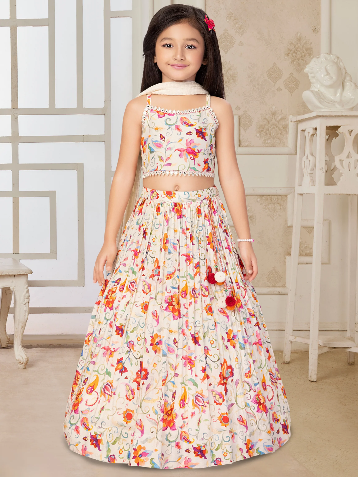 Girls' Cream Floral Print Lehenga Choli Set with Mirror Work & Dupatta