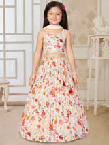 Girls' Cream Floral Print Lehenga Choli Set with Mirror Work & Dupatta