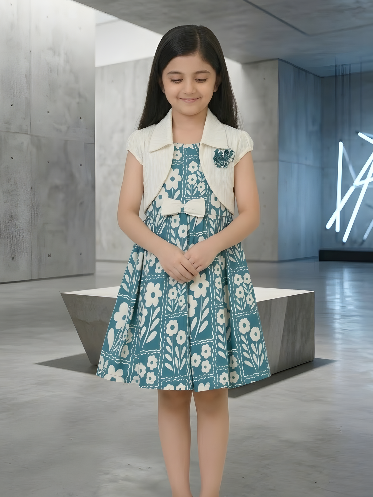 Vintage-Inspired Teal Floral Frock Set with Cream Textured Bolero