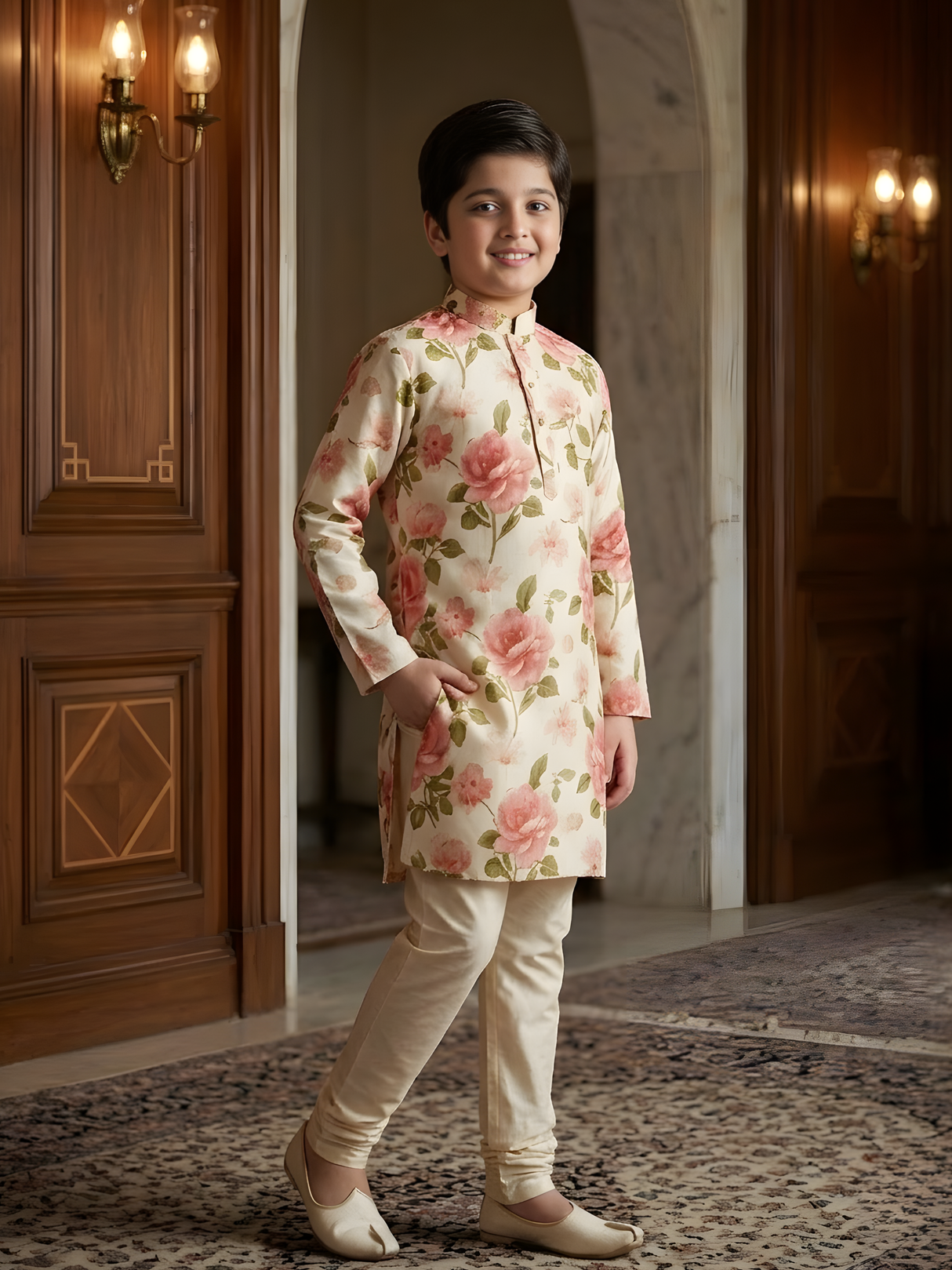 Boys' Cream-Base Full-Sleeve Kurta Set with Large Abstract Floral Print