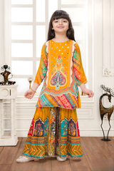 Girls' Vibrant Orange Multi-Color Printed Sharara Set