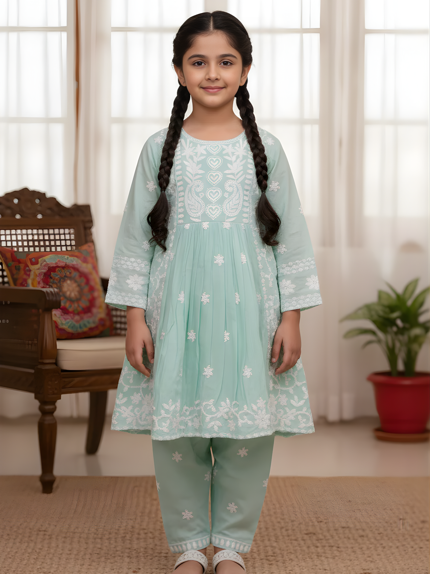 Girls' Lime Green Floral Printed Kurti Set