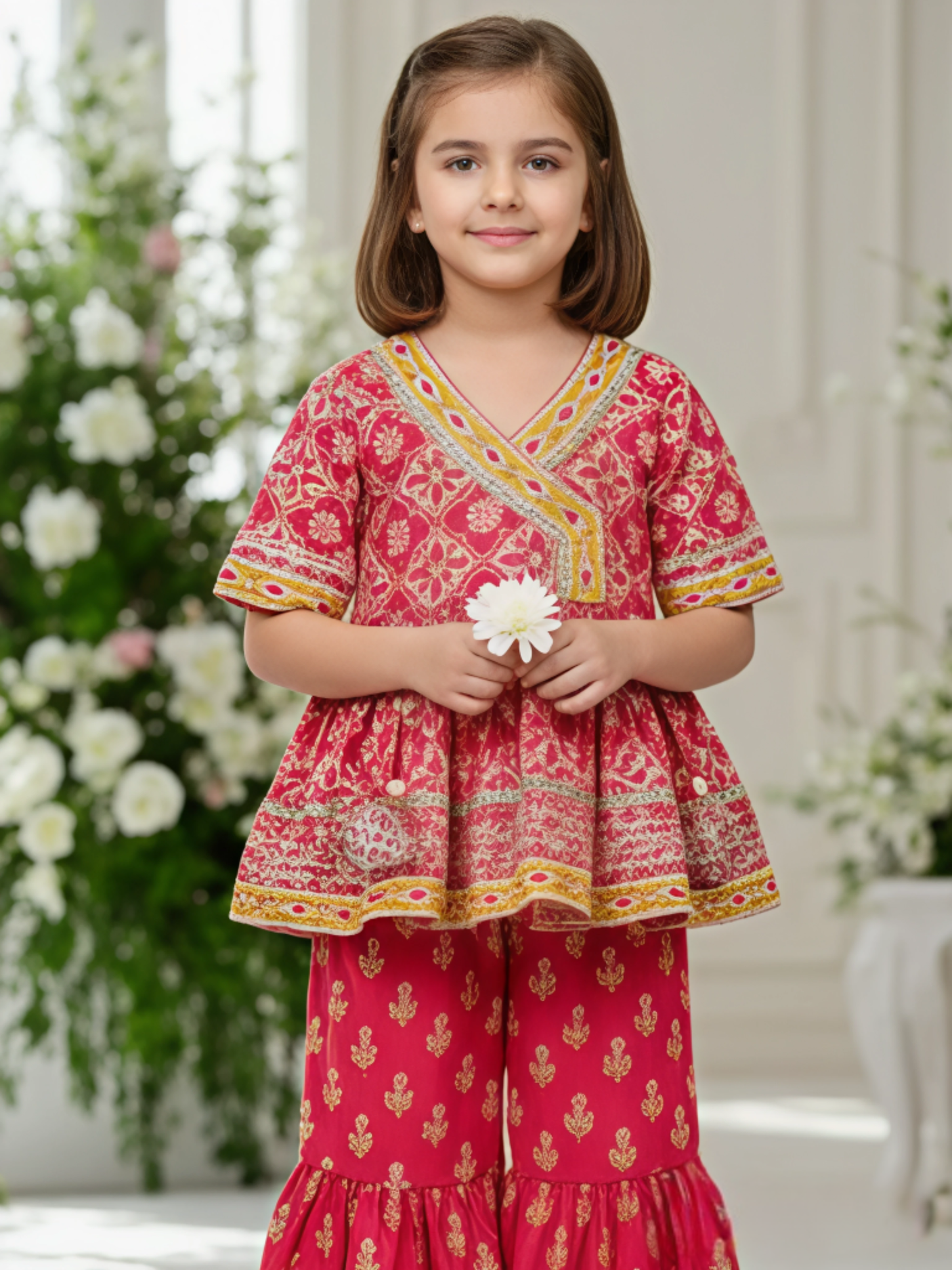 Girls' Festive Fuchsia Pink Print Angrakha Kurti and Tiered Sharara Set