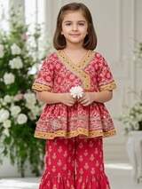 Girls' Festive Fuchsia Pink Print Angrakha Kurti and Tiered Sharara Set