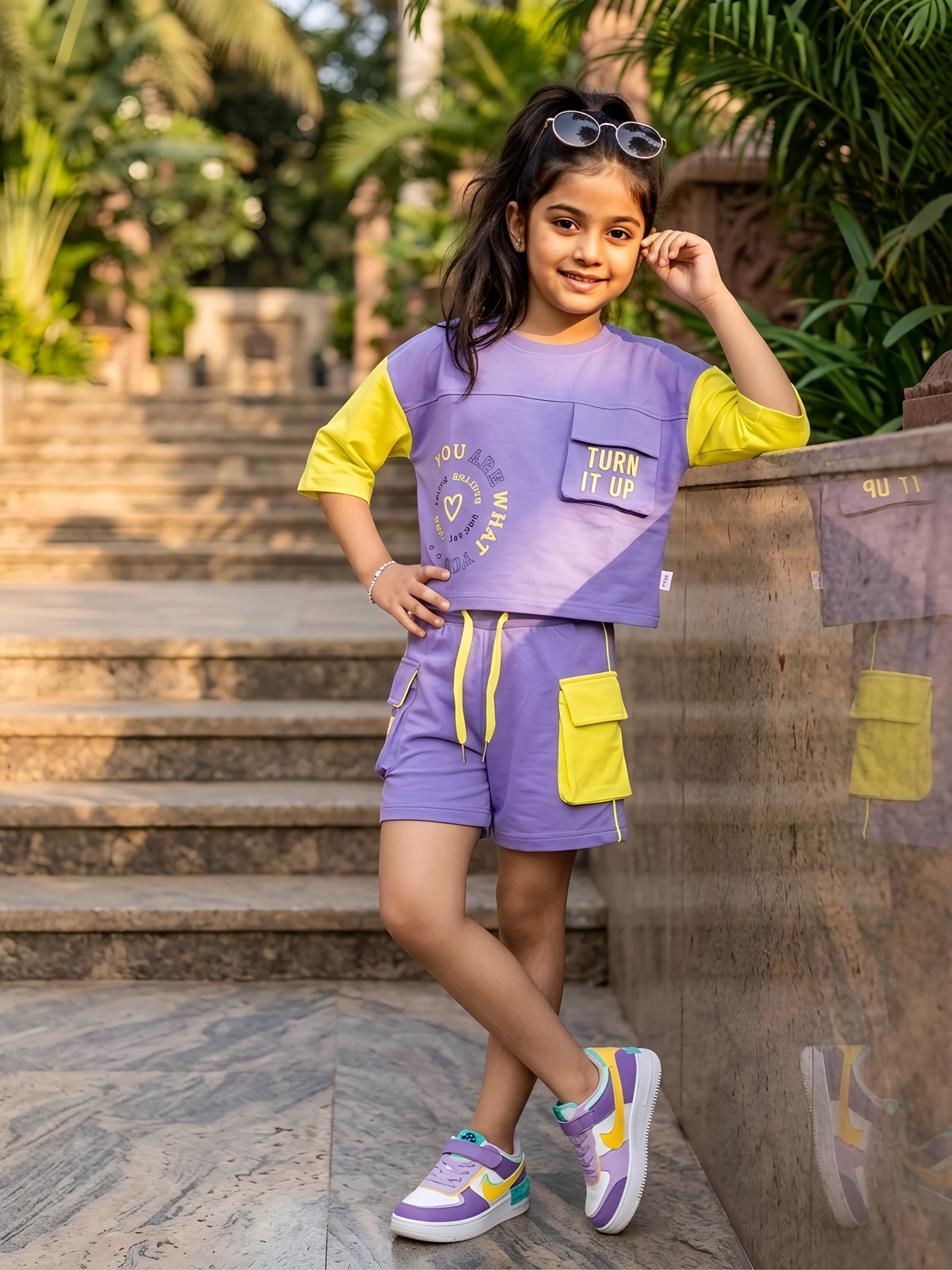 Girls Vibrant Purple & Lime Cargo Style Coordinate Set