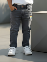 Boys' Stylish Grey Slim Fit Jeans with Rainbow Patch