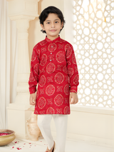 Boys' Festive Red Bandhani-Style Printed Kurta and White Pajama Set