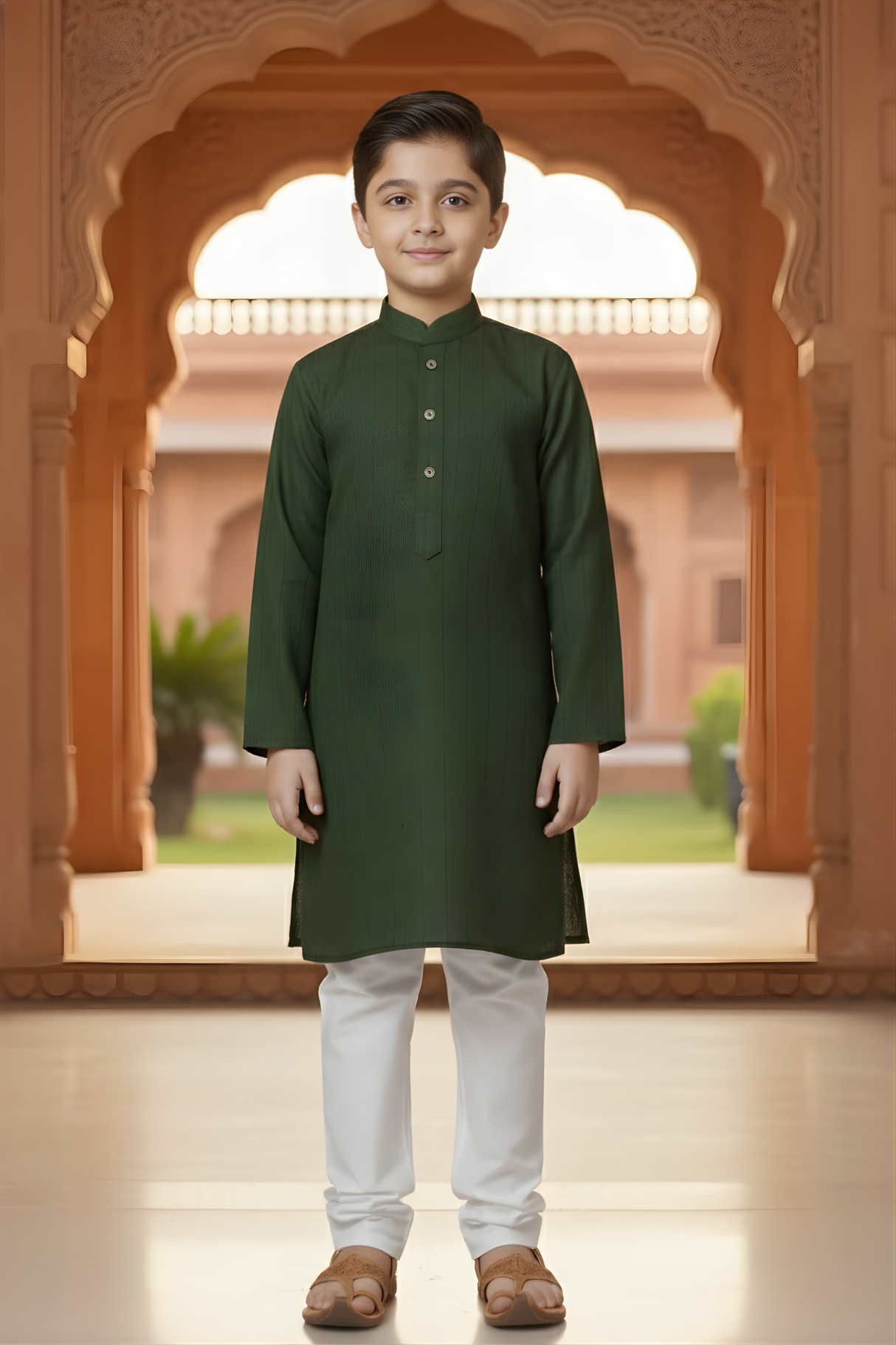 Boys' Dark Green Self-Design Kurta and White Pajama Set