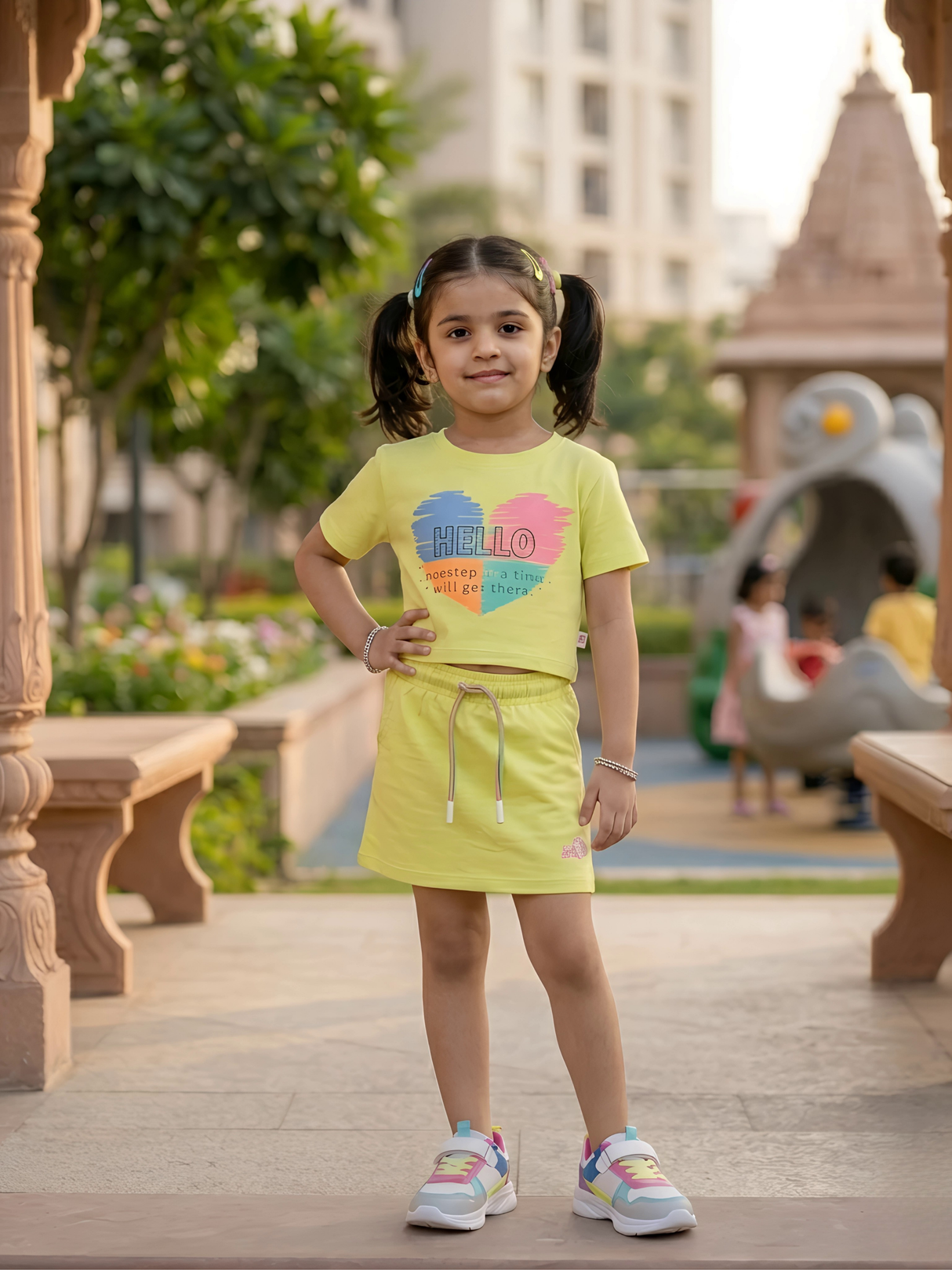 Girls' Vibrant Yellow Heart Graphic Skirt Co-ord Set
