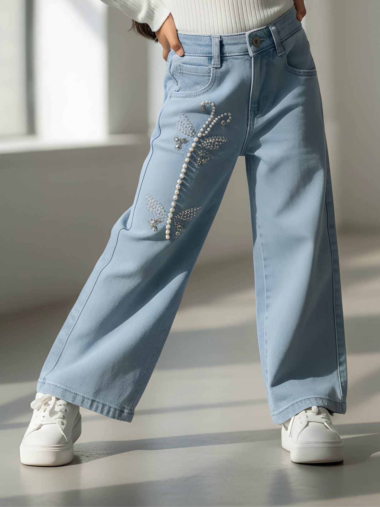 Girls' Light Blue Pearl Butterfly Wide-Leg Jeans.
