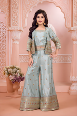Girls' Pastel Green Three-Piece Sharara Set with Embroidered Shrug
