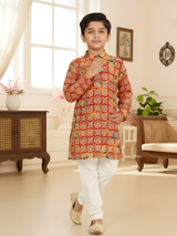 Boys Red Geometric Print Kurta Set