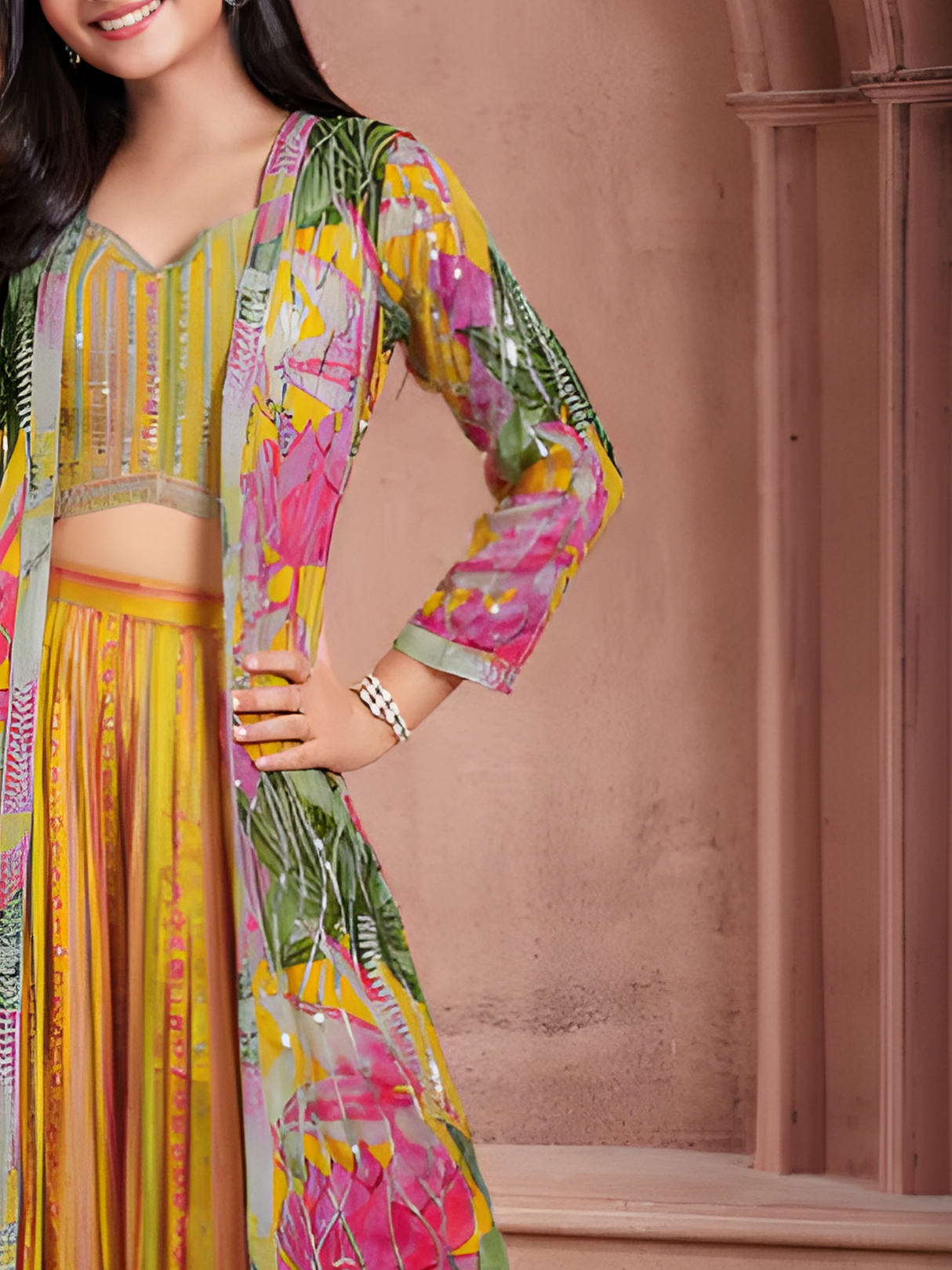 Girls' Vibrant Yellow & Blue Floral Lehenga Choli